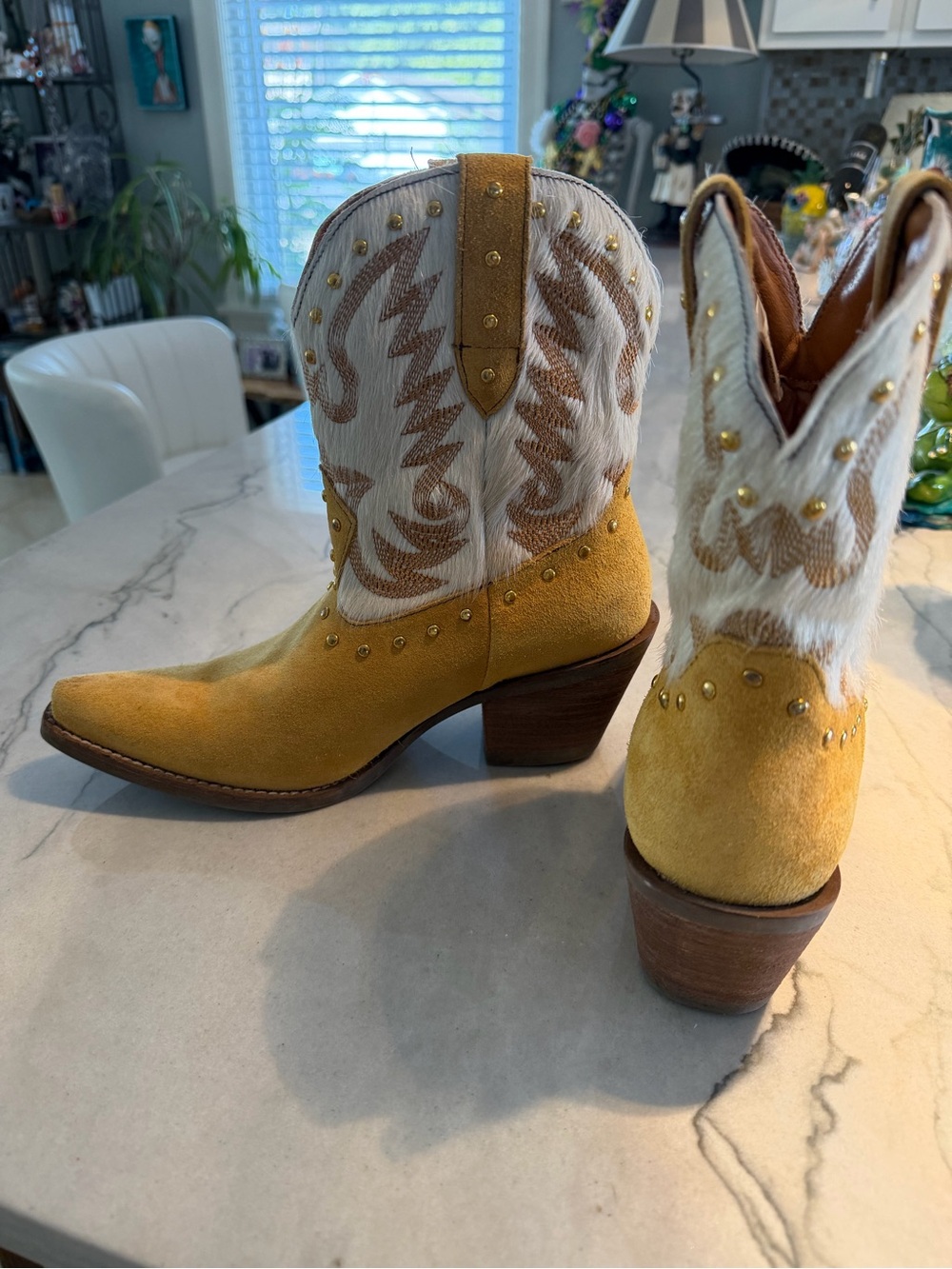 dingo Yellow Suede & White Accent Western Ankle Boots